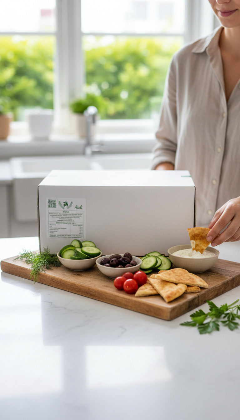 Dip-Oase Partybox mit mediterranen Dips, Oliven und Antipasti