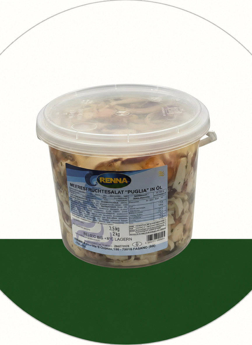 Dip-Oase.de Meeresfrüchtesalat "Puglia" in Öl, ein gemischter Salat mit Meeresfrüchten und Gemüse in Öl, serviert in einem großen Kunststoffbehälter.