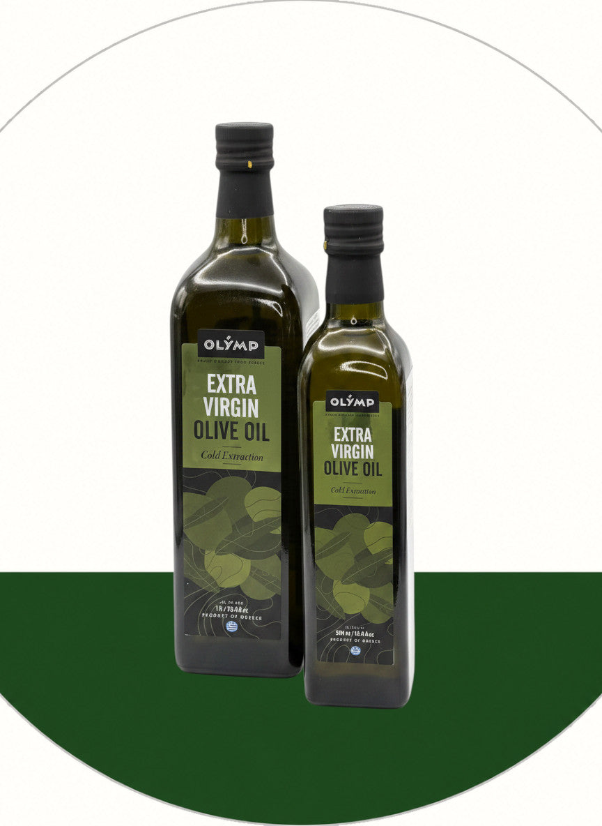 Dip-Oase.de Olivenöl Extra Vergine Kalt Extrahiert in dunklen Glasflaschen, 500ml und 1L, mit griechischer Flagge.