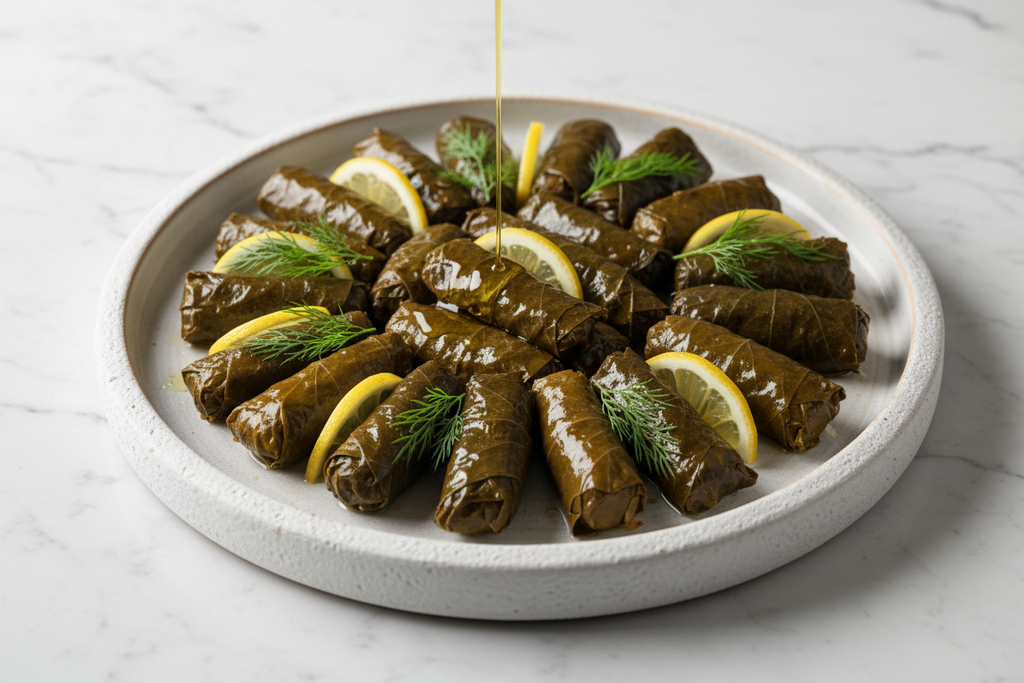 Weinblätter gefüllt mit Reis – Dolmades in Granatapfelsirup